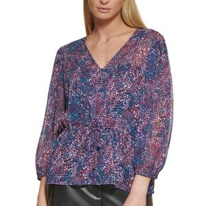 DKNY Women's Size Small Tie Waist Top Blouse Shirt Purple Animal Print V-Neck